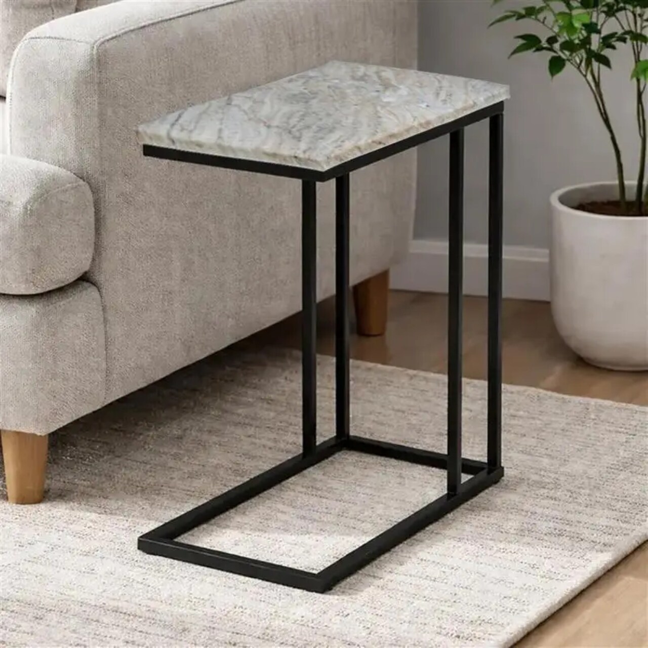 Side Table | 24-Inch Brown Marble 'C' Table with Grey Pipe Metal Frame | Modern Industrial Design